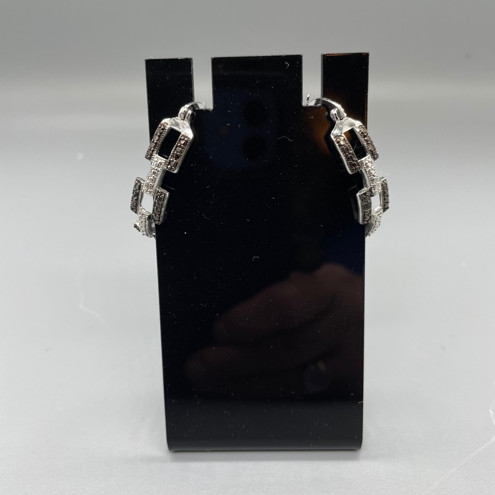 Silver tone Black White Pave Geometric Link U-Shape Hoop Earrings 1 Inch